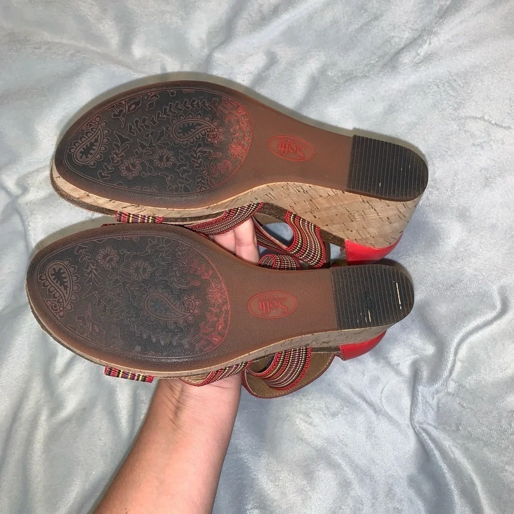 Sofft Cary red Colorful Strappy Wedge cork Sandals size 10 leather color summer